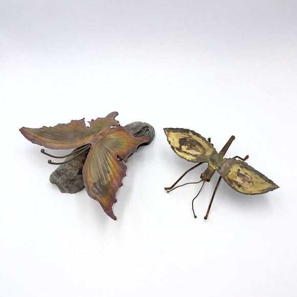 Vintage Metal Butterfly & Bug Sculptures Mid Century Brutalist Style Decor Brass - Picture 1 of 9